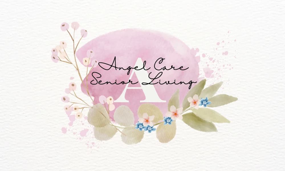 Angel Care Senior Living’s floral business-card artwork with blush watercolor and an A monogram